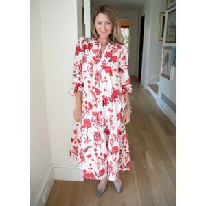 Brooke Wright Tinsley Midi Maxi Dress L Large Red Whtie Floral Tiered Ruffle
